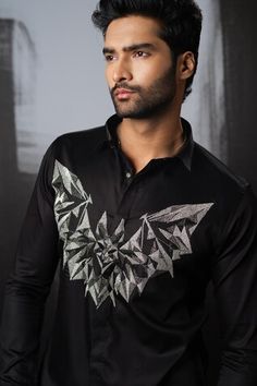 Black shirt with cutdana embroidery in 3D bat pattern. - Aza Fashions Men Shirts Casual, Cutdana Embroidery, Bat Pattern, Shirts Black, Men Shirts, Full Sleeves, Embroidered Shirt, In 3d, Aza Fashion