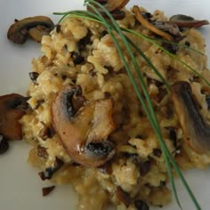 mushroom and rice dish on a white plate