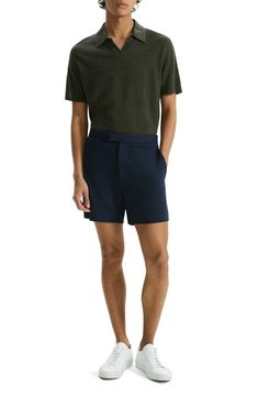 Cut from stretch-enhanced fabric, these shorts made with soft viscose feature a flat front and chino styling that keeps you looking smart at any occasion. 6" inseam; 23" leg opening; 10 3/4" front rise; 15 1/2" back rise Front slant pockets; back welt pockets 64% viscose, 30% nylon, 6% elastane Machine wash, dry flat Imported Modern Bottoms With Built-in Shorts, Summer Business Casual Elastane Bottoms, Fitted Shorts With Welt Pockets And Short Inseam, Fitted Shorts With Welt Pockets, Modern Short Bottoms For Summer, Summer Shorts With Welt Pockets, Modern Fitted Shorts, Modern Short Inseam Bottoms For Summer, Classic Bermuda Business Casual Shorts