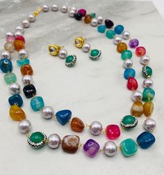 This multi beaded stone jewelry is perfect for every ocassion Elegant Multicolor Gemstone Beads Pearl Necklace, Handmade Multicolor Pearl Necklace, Multicolor Agate Necklaces With Colorful Beads, Multicolor Agate Beaded Necklaces, Multicolor Pearl Jewelry For Parties, Multicolor Pearl Party Jewelry, Elegant Multicolor Agate Necklaces, Multicolor Fusion Beaded Necklace, Multicolor Natural Stones Round Beads