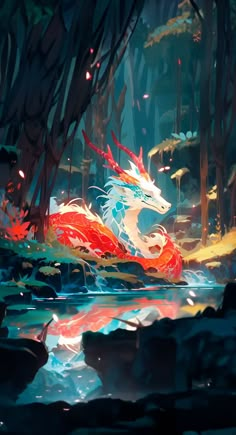 a red and white dragon sitting in the middle of a forest next to a body of water