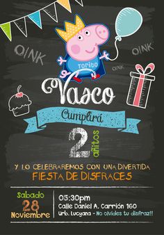 a chalkboard poster for a children's birthday party with pepo the pig