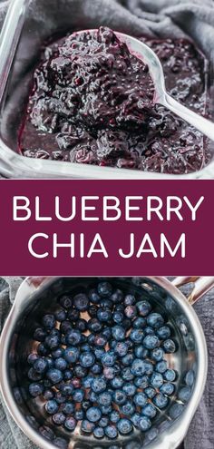 blueberry chia jam in a bowl with spoons next to it and the title overlay reads, blueberry chia jam