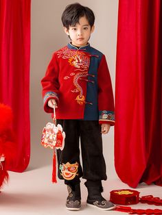 Chinese New Years Clothing Red Tang Suit. Crafted in luxurious polyester, featuring micro-elasticity, and adorned with traditional details. Symbolizing prosperity in vibrant red, this authentic outfit blends Hanfu and Tang styles seamlessly. Featured: Luxurious Polyester: Comfortable, stylish, and perfect for festive occasions. Micro-Elasticity: Ensures a flexible and snug fit for active celebrations. Vibrant Red Hue: Symbolizing prosperity and joy for Chinese New Year. Sizing: Available in sizes 100 to 150 for a perfect fit.   https://www.youtube.com/watch?v=-mDXXu74a58  Pants Chinese New Year Clothes, Baby Boy Dress Clothes, Chinese New Year Dress, Chinese New Years, Chinese New Year Outfit, Suit For Boys, Saree Accessories, Chinese Style Dress, Girls Holiday Dresses