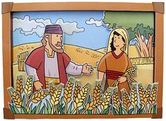 an image of a man and woman in a wheatfield scene with corn stalks on the ground