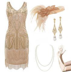 PRICES MAY VARY. Package Includes: Flapper dress * 1pc and one flapper set (including Headband * 1pc; Necklace * 1pc; Gloves * 1 pair; Earrings * 1 pair; Plastic Holder * 1pc.) Material: This 20's gatsby dress is made of Polyester fabric and soft fringe, beads & sequins. Size: Please refer to the “Dress Size Chart” on the last image for your best fit before purchasing. Headband is one size with elastic or ribbon band; Necklace length-55"; Gloves length-21.6"; Plastic holder length-12.9". Design: Oldies Clothes, Fringe Dress Outfit, Roaring 20s Party Outfit, Gold Flapper Dress, Roaring 20s Dresses, Flapper Costume Halloween, Tassels Dress, 1920s Inspired Dresses, Gold Flapper