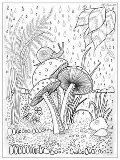 a black and white drawing of mushrooms in the forest with raindrops on them