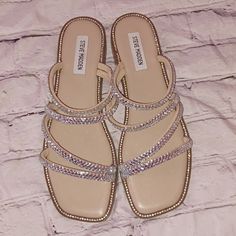 Steve Madden Rhinestone Strap Sandal Silver Bedazzled Flat Sandals, Silver Embellished Flat Sandals, Silver Flat Sandals With Bling, Silver Flat Sandals With Rhinestones, Latina Sandals, Sparkle Chanclas, Sparkly Chanclas, Sparkly Sandals, Pretty Sandals