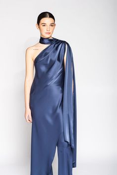 Her Trove - Asymmetrical neckline half cape with pants One Shoulder Cape Dress, Blouse With Pants, Half Cape, Navy Drapes, Isabel Sanchis, Long Dress Sleeveless, Shoulder Cape, Draped Blouse, Asymmetrical Neckline