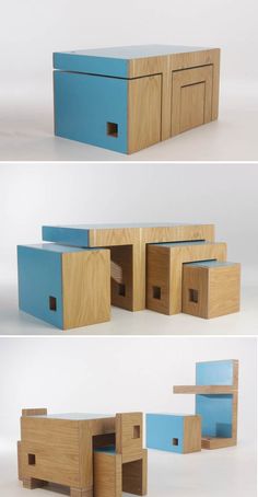 three different views of the furniture made out of wood and blue paint, each with an open drawer