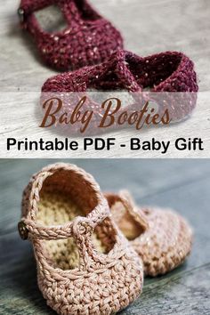 crocheted baby booties are shown in two different colors