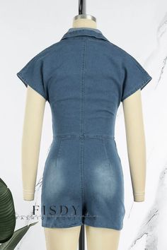 Fisdy - Contemporary Urban Denim Jumpsuit with Hollowed Out Patchwork and Buckle Detailing in Sky Blue, Featuring a Stylish Turndown Collar and Short Sleeves Grey Street, Denim Jumpsuits, Denim Street Style, Jumpsuit Online, Street Look, Denim Patchwork, Turndown Collar, Collar Designs, Patchwork Designs