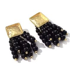 Nwot Brand New In Bag With Extra Backings Black Wood Beads And Plated Gold Earring Base Elegant Black Beaded Earrings With Gold Beads, Black Beaded Earrings With Dangling Beads For Evening, Black Dangling Beads Earrings For Evening, Black Beaded Dangling Earrings For Evening, Black And Gold Earrings, Gold Earring, Earrings Color, Black Wood, Wood Beads