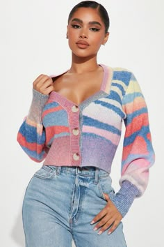 Available In Purple/combo. Cardigan Sweater Button Front Sweetheart Neck Long Sleeve Balloon Sleeve Abstract Stripes Spacedye Disclaimer: Print Placement colors will vary 62% Acrylic 28% Polyester 7% Wool 3% Nylon Imported | Lunar Abstract Striped Cropped Cardigan in Purple size Small by Fashion Nova Cardigan Purple, Spice It Up, Cropped Cardigan Sweater, Cardigan Sweater Coat, Sweater Jumpsuit, Jumpsuit Black, Print Placement, Women Hoodies Sweatshirts, Striped Cardigan