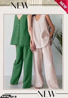 Women's Solid Color Cotton Linen V-neck Button T-shirt Pants Set Casual Green Sets With Buttons, Casual Solid Linen Set, Casual Loungewear Sets With Button Closure, Green Summer Sets With Button Closure, Casual Summer Sets With Buttons, Summer Green Pants With Buttons, Casual Buttoned Pants For Loungewear, Casual Pants With Buttons For Loungewear, Casual Summer Sets With Button Closure