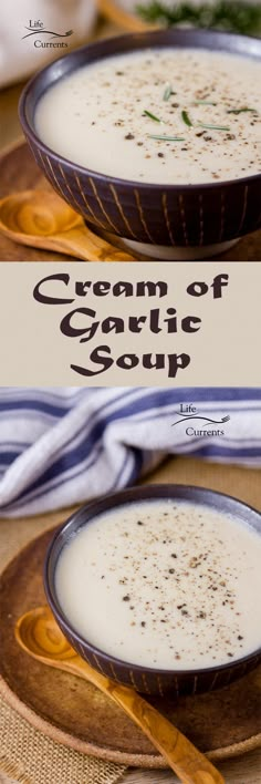 two pictures of cream of garlic soup in bowls