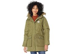 Carhartt Yukon Insulated Parka - Women's Clothing : Burnt Olive : Take on the elements in the Carhartt Yukon Insulated Parka. 3M Scotchlite reflective materials for visibility in low-light conditions. 3MThinsulate for superior warmth without the bulk. Front two-way zip-closure with snap-button storm flap. Attached hood with drawstrings and back volume adjuster with removable faux fur trim. Internal rib knit storm cuffs with hook-and-loop adjustable closure. Two lower-front hook-and-loop closure Calvin Klein Outdoor Fall Outerwear, Casual Insulated Parka For Fall, Womens Carhartt, Carhartt Women, Reflective Material, Womens Parka, Low Light, Fur Trim, Snap Button