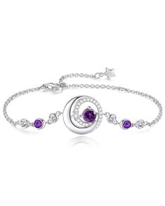 PRICES MAY VARY. ❤February Birthstone Bracelet❤This silver moon bracelet with simulated amethyst is an unique and heartfelt fashionable jewelry. You can make the birthday gift for your loved one.Amethyst bracelet is the February birthstone jewelry, represents honesty and peace of mind. ❤Moon & Star Jewelry❤ Delicate Moon and Star bracelet with a round-shaped stunning and shining created amethyst birthstone,brings a new meaning to the saying: "Love you to the moon and back". ❤Sterling Silver Brac February Birthstone Jewelry, Star Bangle, Amethyst Birthstone, Jewelry Delicate, Moon Bracelet, Birthstone Bracelet, Fashionable Jewelry, Jewelry Birthday, Bangle Bracelets With Charms