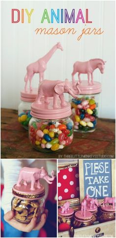 some jars filled with candy and horses on top of a wooden table next to a sign that says diy animal mason jars