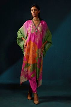 Pink chinon chiffon kurta with floral abstract print and tasseled hem sleeves. Paired with a pant with embroidered hem. - Aza Fashions Bohemian Georgette Kurta For Summer, Summer Bohemian Georgette Kurta, Spring Multicolor Kurta With Sheer Dupatta, Summer Traditional Drape Georgette Kurta, Summer Multicolor Kurta With Traditional Drape, Bohemian Georgette Dupatta For Summer, Summer Bohemian Georgette Dupatta, Bohemian Georgette Dupatta For Spring, Spring Bohemian Georgette Dupatta