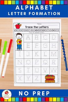 an alphabet letter formation worksheet with two markers and pencils next to it