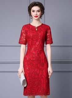 Perfectly crafted for the mother of the bride, this red dress combines elegance with modern sophistication. The vibrant red hue is ideal for a wedding celebration, symbolizing love and happiness. The dress is adorned with intricate embroidery that adds a touch of femininity and luxury. The short sleeves feature a delicate sheer fabric, providing a graceful and modest look. The fitted silhouette highlights the natural figure, offering a flattering and elegant appearance. Crafted from premium materials, this dress ensures comfort and durability, allowing the wearer to enjoy the event with ease. The knee-length design is perfect for formal occasions, offering a timeless and sophisticated look. Ideal for weddings and other significant celebrations, this dress ensures the mother of the bride wi Ancient Palace, Short Skater Dress, Flowy Romper, Prom Gift, Lace Dress Styles, Love And Happiness, Mother Of The Bride Dress, Intricate Embroidery, Wedding Celebration