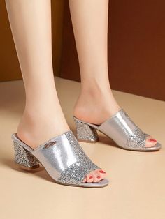 Silver  Collar     Embellished   Women Shoes High Heel Dress Shoes, High Heel Dress, Sequin Decor, High Heels Sandals, Summer Slippers, Chic Leather, Dress Shoes Womens, Style Korean, Heels Sandals