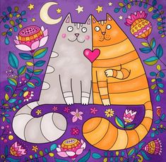 two cats sitting next to each other on a purple background with flowers and stars around them