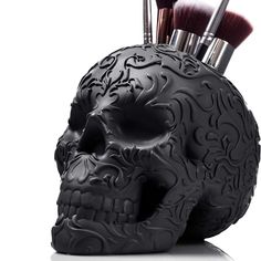 This makeup brush holder is made from solid resin.?Original and unique design, hand cast and colored, it comes with custom rolled artwork and an anti-sway flat bottom design.? 
 
Material: Resin 
Weight: 0.7KG 
Size: One Size 
SKU:?DE00005 Stationary Pens, Skull Planter, Skeleton Makeup, Stationary Organization, Makeup Organization Vanity, Office Organizer, Weird Gifts, Makeup Brush Holder, Skull Makeup