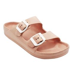 Embrace the perfect blend of comfort and style with the LAVRA Womens Sandals, designed to cater to the modern woman's needs. These adjustable double buckle, no-heel EVA beach sandals offer an unparalleled combination of comfort, durability, and fashion-forward design. These double strap sandals are made from a cushioned rubber material with a low platform wedge under 1 inch tall. This slip-on sandals for women design provides quick and easy wear wherever you go, whether you're strolling along th Flat Heel Jelly Sandals With Buckle Closure For Beach, Flat Heel Jelly Sandals With Buckle For Beach, Beach Jelly Sandals With Buckle And Flat Heel, Flat Jelly Sandals With Buckle Closure For Beach, Flat Jelly Sandals With Buckle For Beach, Pink Double Strap Sandals For The Beach, Pink Lightweight Open Toe Sandals, Eva Slip-on Jelly Sandals, Eva Jelly Slip-on Sandals