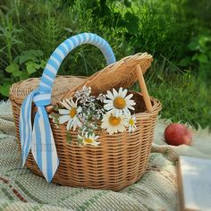 a wicker basket with daisies and an apple in the background