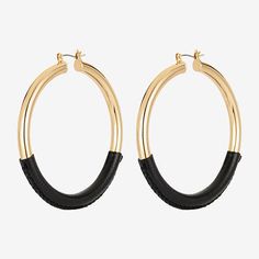 Earring Back: PostMetal Color: Gold ToneEarring Length: 37mmEarring Width: 36.4mmMetal: ZincCare: Wipe CleanEarrings Style: Hoop EarringsEarrings Type: Post EarringsCountry of Origin: Imported Earrings Hoop, Earrings Black, Earrings Color, Leather Wraps, Earring Backs, Gold Tones, Black Leather, Hoop Earrings, Leather