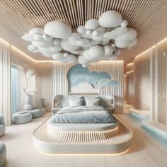 a bed room with a neatly made bed and lots of balloons hanging from the ceiling