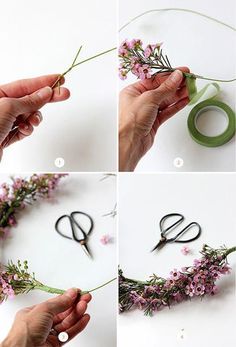 four pictures showing how to make a flower crown with flowers, scissors and tape on white background