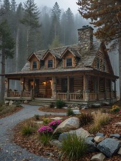 a log cabin sits in the woods on a foggy day with flowers and rocks