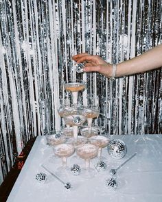 Sparkling shimmery background with disco balls placed on and around champagne tower Champagne Birthday, 21st Bday Ideas, 25th Birthday Parties, Disco Party Decorations, 21st Party, Bday Party Theme, Nye Party