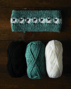 three skeins of yarn sitting next to each other on a wooden surface,