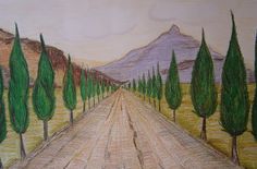 a drawing of a dirt road with trees on both sides and mountains in the background