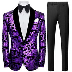 Men's Sparkle Floral Purple Sequin Tuxedo Jacket Single Breasted Long Sleeve Party Outerwear, Long Sleeve Suits For Spring Party, Spring Party Suit With Long Sleeves, Long Sleeve Party Suit For Spring, Fitted Blazer For Party Season, Long Sleeve Suits For Fall Party, Formal Long Sleeve Outerwear For Party Season, Tailored Long Sleeve Blazer For Party Season, Fall Party Outerwear With Suit Collar