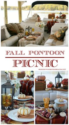 a table with pumpkins and gourds on it in front of a boat