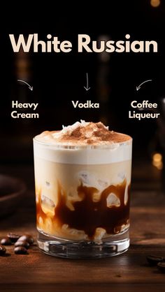 an ice cream dessert with coffee and whipped cream in it, labeled white russian on the side