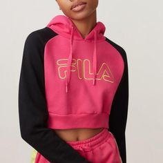 Fila Pink Valeria Cropped Hoodie Sweatshirt Stand Out In This Alluring Hoodie Featuring A Cropped Waist And Eye-Catching Two-Tone Color Block With Our Classic Logo Embroidered Across The Front. - Brushed Back Fleece: 80% Cotton/ 20% Polyester - Embroidered Fila Linear Logo - Adjustable Drawstring Hood - Cropped Fit If You Like: Summer Spring Boho Hippie 60’s 90’s 70’s Beachy Western Pool Coachella Festival Birthday Gift Resort Bohemian Retro Vintage Johnny Was Aesthetic Vacation Gypsy Spell Vici Pink Long Sleeve Hoodie With Drawstring Hood, Pink Long Sleeve Hoodie With Drawstring, Pink Long Sleeve Sweatshirt With Drawstring Hood, Pink Hooded Top For Fall, Pink Sportswear Sweatshirt With Letter Print, Pink Winter Hoodie, Pink Long Sleeve Top With Drawstring Hood, Pink Crew Neck Hoodie For Sportswear, Pink Long Sleeve Hoodie With Ribbed Cuffs