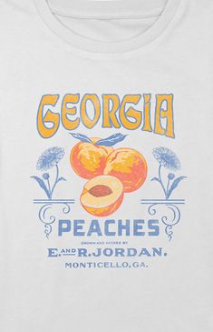 Online only! The Kids Georgia Peaches T-Shirt showcases a sweet and playful design inspired by Georgia's famous peaches. With a crew neckline, short sleeves, and a comfortable fit, it's a delightful choice for young ones to show their love for this iconic fruit and state.   	Solid color tee 	Short sleeves 	Crew neckline 	Front graphic 	Regular fit 	60% Cotton, 40% Polyester 	Machine washable Georgia Peaches, Bid Day Shirts, Sorority Bid Day, Etsy Prints, Kids Graphic Tees, Sorority Shirts, Gap Kids, Kids Sale, Indie Brands