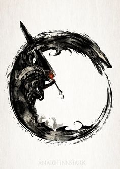 a black and white drawing of a dragon in a circle