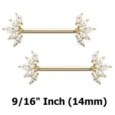 Introducing our luxurious 14 Karat Solid Gold Nipple Ring Barbell, featuring exquisite Threadless Fan CZ gems. Crafted from premium 14 karat solid gold, these nipple barbells exude elegance and sophistication. Available in 14 gauge (1.6 MM) thickness and lengths of 1/2" (14 MM) and 9/16" (14 MM), they are perfect for nipple piercings.Each barbell boasts a stunning fan-shaped design adorned with five marquise-cut cubic zirconia gems, creating a captivating and glamorous look. The gems, in clear c Gold Gauges, Cute Piercings, Piercing Ring, Cz Stone, Piercing Jewelry, Body Jewelry, Ear Piercings, Solid Gold, Piercings