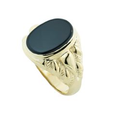 Men's Gold Ring With Black Onyx Sculpted details lend interest to this gemstone ring for him.  A well-designed handcrafted signet ring gilded in gold over solid sterling silver. The ring features a wide tapered shank with a flat-topped onyx bezel-set 16.0 x 12.0mm oval-shaped black onyx stone.   An exclusive ridged and artistic shank completes this pleasing look. This comfort-fit design is professionally polished to a brilliant luster. Custom-made to fit his ring size.          Features and Deta Luxury Oval Cabochon Men's Ring, His Ring, Mens Gold Rings, Black Onyx Stone, Black Onyx Ring, Jade Ring, Mens Gold, Onyx Ring, Onyx Stone