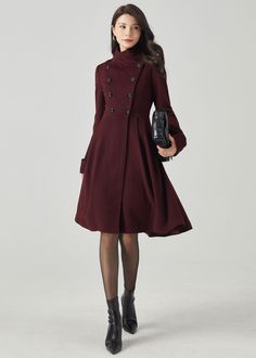 "FEATURES 50% wool, 50% wool blend Fully liner with polyester Two side pocket Stand-up collar Long sleeve,Turn-back cuffs with button detail Double breasted button front asymmetrical hemline For Winter, Autumn dry clean You can check the style in other colors from below link. https://bit.ly/3PCSIlK ★★Mode size Height 170cm (5′ 7″)  Bust 84 cm (33\")  Waist 66 cm (26\")  She wears size XS. ★★Bespoke Order Service If you Request other color Request the length Your height is not between 155 cm- 175 Chic A-line Wool Coat For Work, Solid Knee-length Winter Outerwear, Knee-length Single Breasted Winter Outerwear, Burgundy Winter Outerwear For Office, Knee-length Fall Outerwear With Pockets, Elegant Knee-length Outerwear In Solid Color, Single-breasted Knee-length Outerwear For Fall, Knee-length Single Breasted Outerwear For Fall, Knee-length Single-breasted Outerwear For Fall