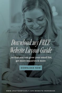 a woman sitting at a table with her laptop and text that reads,'free website layout guide so that you can grow your small email list get more info