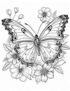 a black and white drawing of a butterfly with flowers