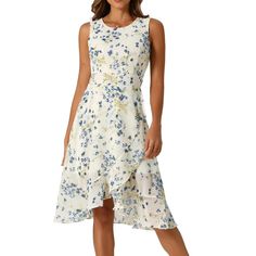 Floral Printed, Keyhole Back, Round Neck, Sleeveless, Smocked Elastic Waist, Wrapping Ruffled Hem, High Low Hem, Invisible Side Zipper, Fully Lined. This versatile dress is perfect for various occasions including leisure casual, business office, vacation, weekend outings, dates, and shopping. The wrap-around design creates a flattering round neckline, accentuating the female body curves. The lotus leaf edge hem adds a touch of feminine sweetness. These features elevate the brand and provide cust Spring Chiffon Sleeveless Dress, Floral Print Sleeveless Dress For Daywear, Sleeveless Chiffon Dress For Daywear, Ruffle Fabric, Flare Mini Dress, Midi Short Sleeve Dress, Sleeveless Floral Dress, Versatile Dresses, Floral Midi Dress